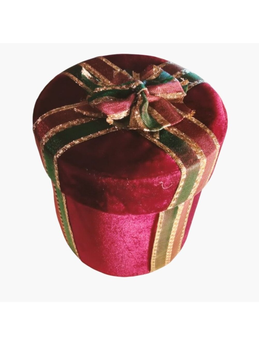 Lindy Bowman Co Red Velvet Gift Box Green Gold Ribbon Bow Lid Christmas Holiday